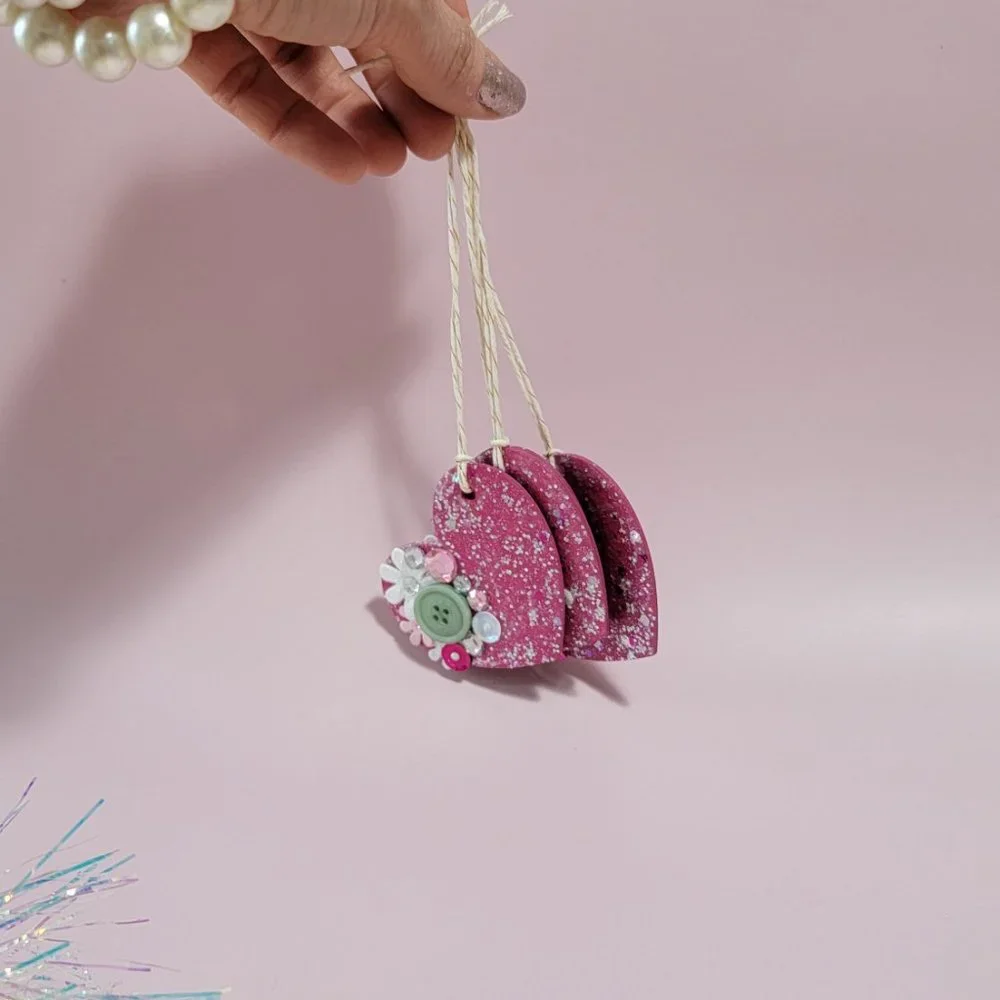 Handmade Pink Glitter Heart Ornament Decor Fuchsia Hanging Gift for Girls